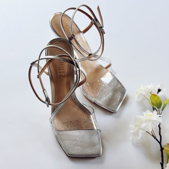 Schutz Aisha Metallic Ankle-Strap Sandals Crystal Prata Silver - Picture 3 of 9